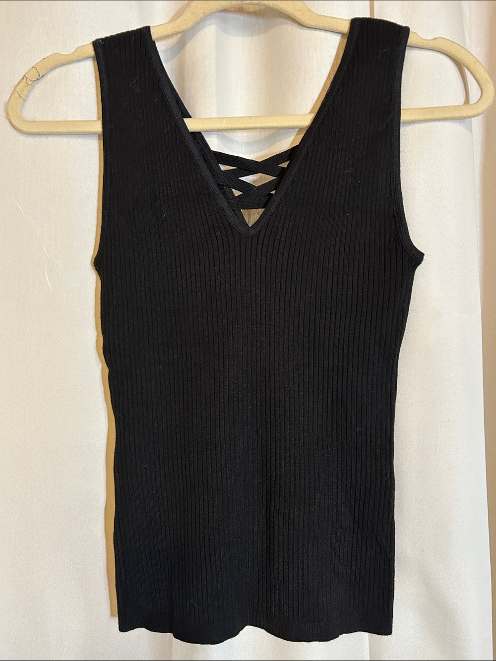 White House Black Market Black Ribbed V-Neck Tank with Crisscross Straps